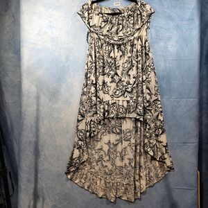 Paradise Womens Large Off Shoulder High Low Maxi Dress Black Cream Baroque Print